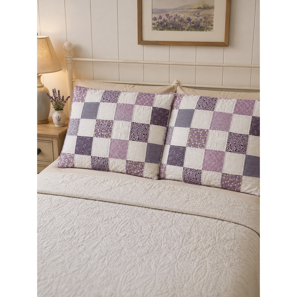 Handmade Purple Patchwork Quilted Standard Pillow Shams Set of 2 Cottage Floral